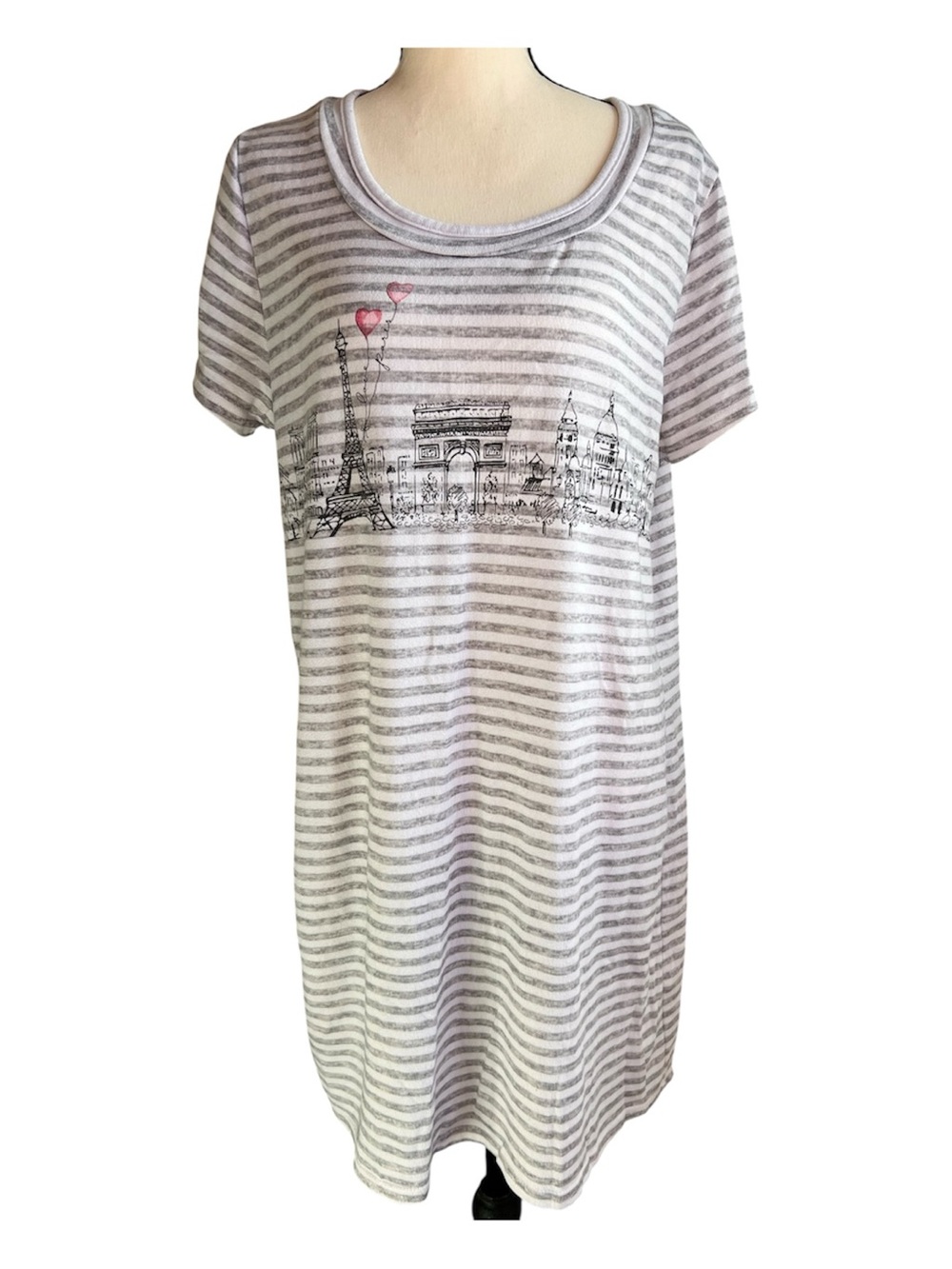 Laura Ashley Paris Theme Nightshirt Gray & White Striped Pink Heart Accent XL